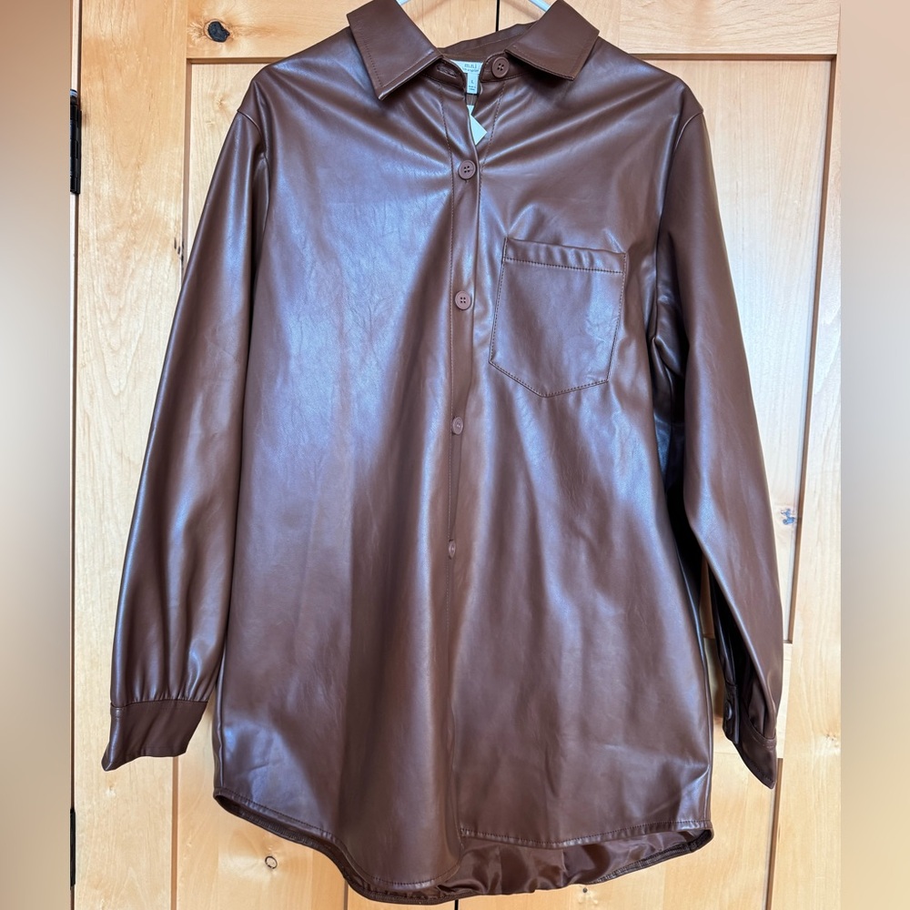 m.n.i. Long brown faux leather button down.